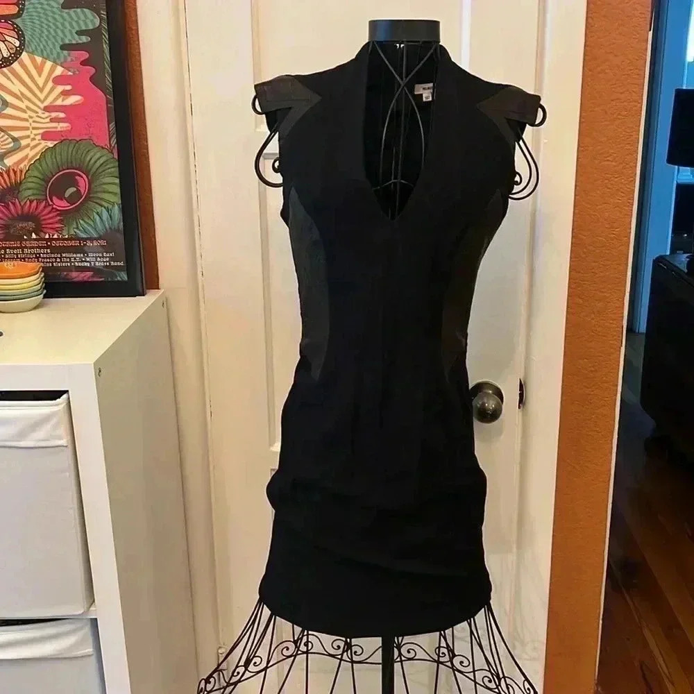 Helmut Lang Black Wool and Blistered Leather Panel Dress-Sz 2